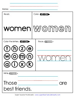 Worksheet 1: Women Free Sight Words Individual Worksheet