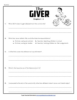 Questions for Chapters 1-5 Free Book The Giver Worksheet