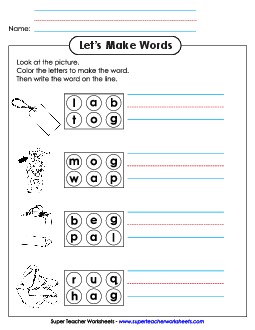 Color the Letters & Write (-ag) Word Families Worksheet