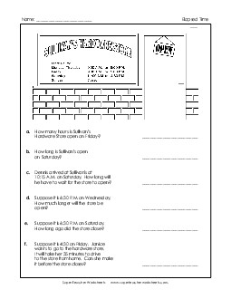 Sullivan\'s Hardware Store Elapsed Time Worksheet