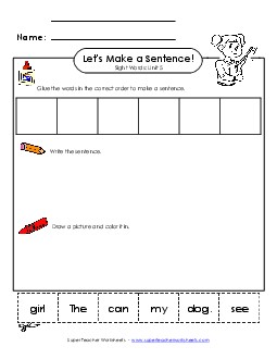 Make a Sentence Cut and Glue (Unit 5) Sight Words Worksheet