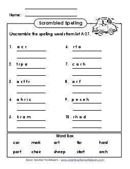 Word Unscramble (A-27) Spelling A Worksheet