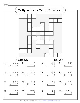 Multiplication Crossword 4th Grade Math Worksheet