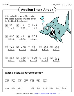 Shark Attack (Addition / No Regrouping) Free Worksheet