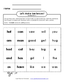 Let\'s Build Sentences (A-1) Free Spelling A Worksheet