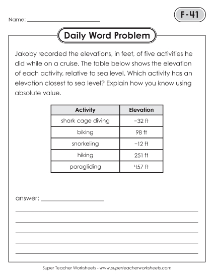New Daily Word Problems<BR>F-41 through F-45 Worksheet New Daily Word Problems<BR>F-41 through F-45 Worksheet