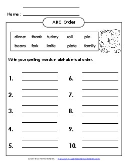 ABC Order: Write List (B-Thanksgiving)  Spelling B Worksheet