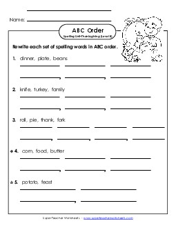 ABC Order - Word Sets (B-Thanksgiving) Spelling B Worksheet