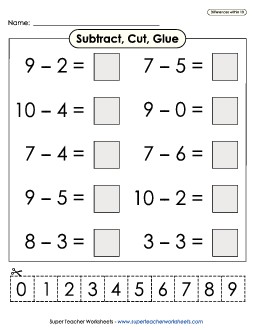 Subtract, Cut, Glue (Differences within 10) Subtraction Worksheet