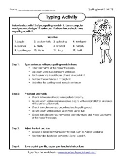 Typing Sentences (E-26) Spelling E Worksheet