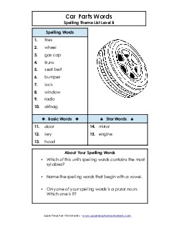 Spelling List (B-Car Parts)  Spelling B Worksheet