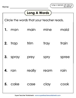 Listen and Circle: Long A (with silent e, ay, and ai) Phonics Long Short A Worksheet