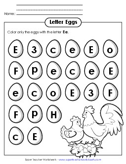 Letter E e Recognition - Eggs Alphabet Worksheet