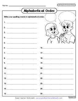 Alphabetical Order: Whole List (F-28) Spelling F Worksheet