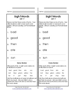 Take-Home List (Unit 17)  Sight Words Worksheet