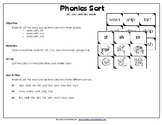 ST, SN, and SH Sorting Cards Phonics Words With Worksheet