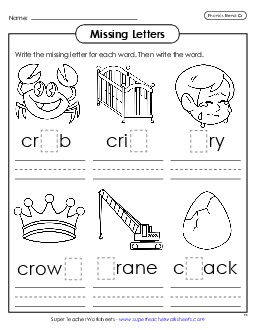 Missing Letters (Cr- Words) Phonics Blends Worksheet