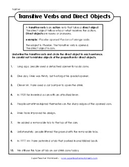 Transitive Verbs and Direct Objects Grammar Worksheet