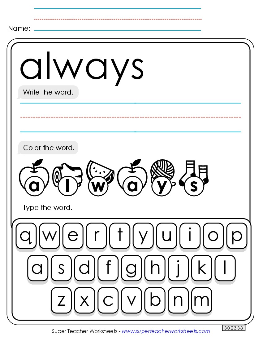 Write, Color, Type: Always Sight Words Individual Worksheet