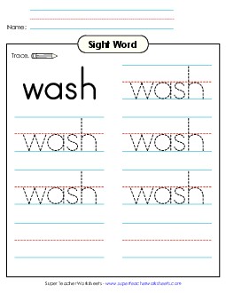 Trace the Word: Wash Sight Words Individual Worksheet