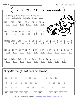 Math Riddle: Girl Who Ate Her Homework Multiplication Worksheet