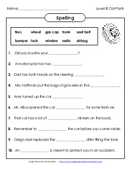 Sentence Completion (B-Car Parts)  Spelling B Worksheet