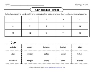 ABC Order: Cut and Glue (C-28) Free Spelling C Worksheet