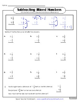 Mixed Number Subtraction Worksheet 2 (with Simplifying and Regrouping) Fractions Worksheet