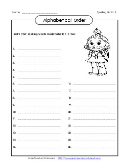 ABC Order: Write (E-12) Spelling E Worksheet