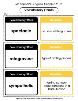 Vocabulary Cards for Chapters 9-12 Books Worksheet