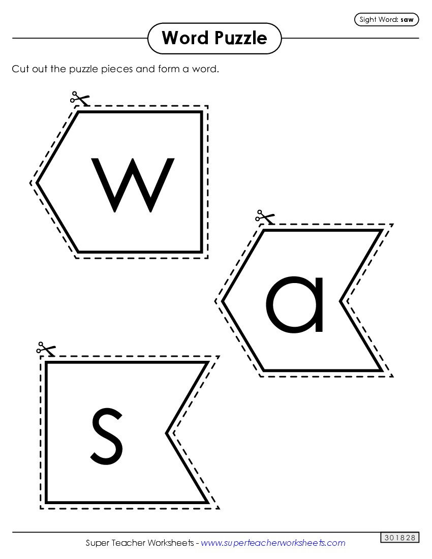 Word Puzzle: Saw Sight Words Individual Worksheet