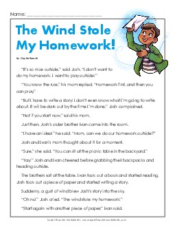 The Wind Stole My Homework! 3rd Grade Reading Comprehension Worksheet