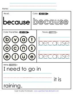 Worksheet 1: Because Sight Words Individual Worksheet