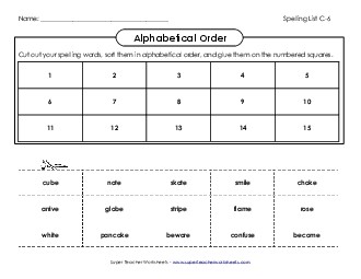 ABC Order: Cut & Glue (C-6) Spelling C Worksheet