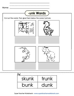 Cut and Glue (-unk) Word Families Worksheet