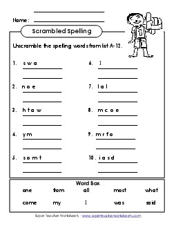 Unscramble (A-12) Spelling A Worksheet