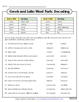 Decoding Greek & Latin Word Parts 6th Grade ELA Worksheet