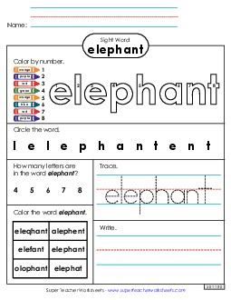 Worksheet 4: Elephant Sight Words Individual Worksheet