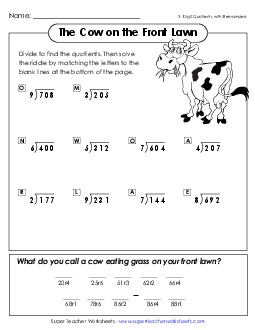 Math Riddle: Cow on the Front Lawn (w/ Remainders) Division Worksheet