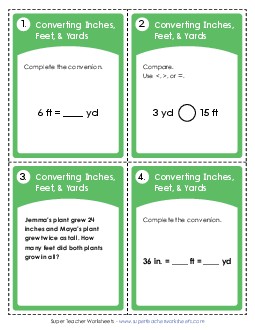 Task Cards: Converting Inches, Feet, and Yards Measurement Worksheet