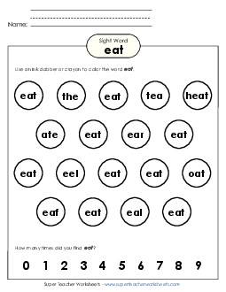 Dab or Color: Eat Sight Words Individual Worksheet