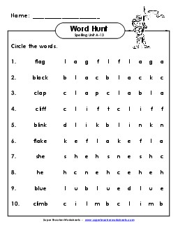 Horizontal Word Hunt (A-13) Spelling A Worksheet