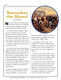 Remember the Alamo! 4th Grade Reading Comprehension Worksheet