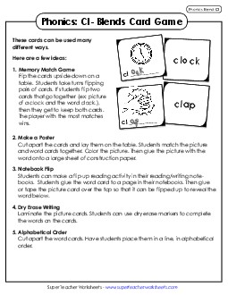 Phonics Card Game (Cl- Blends)  Phonics Blends Worksheet