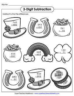 3-Digit St. Patrick\'s Subtraction Stpatrick Worksheet