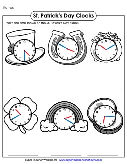 St. Patrick\'s Day Clocks - Nearest 5 Minutes Stpatrick Worksheet