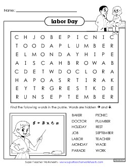 Labor Day Word Search Holiday Worksheet