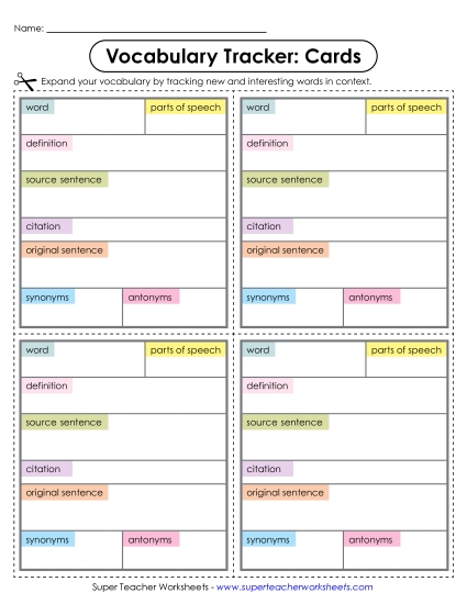 New Vocabulary Tracker: Cards Worksheet New Vocabulary Tracker: Cards Worksheet