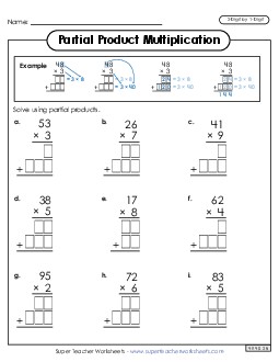 Partial Products Multiplication: 2-Digit by 1-Digit Free Worksheet