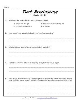 Questions for Chapters 22-24 Book Tuck Everlasting Worksheet